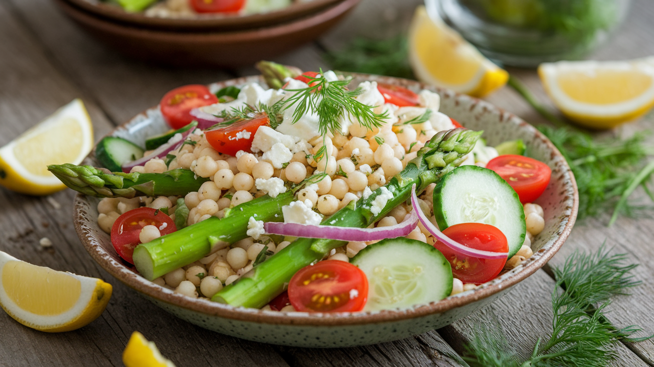 A vibrant spring salad featuring pearl couscous, asparagus, cherry tomatoes, cucumber, red onion, dill, and feta cheese, served in a rustic bowl on a wooden table