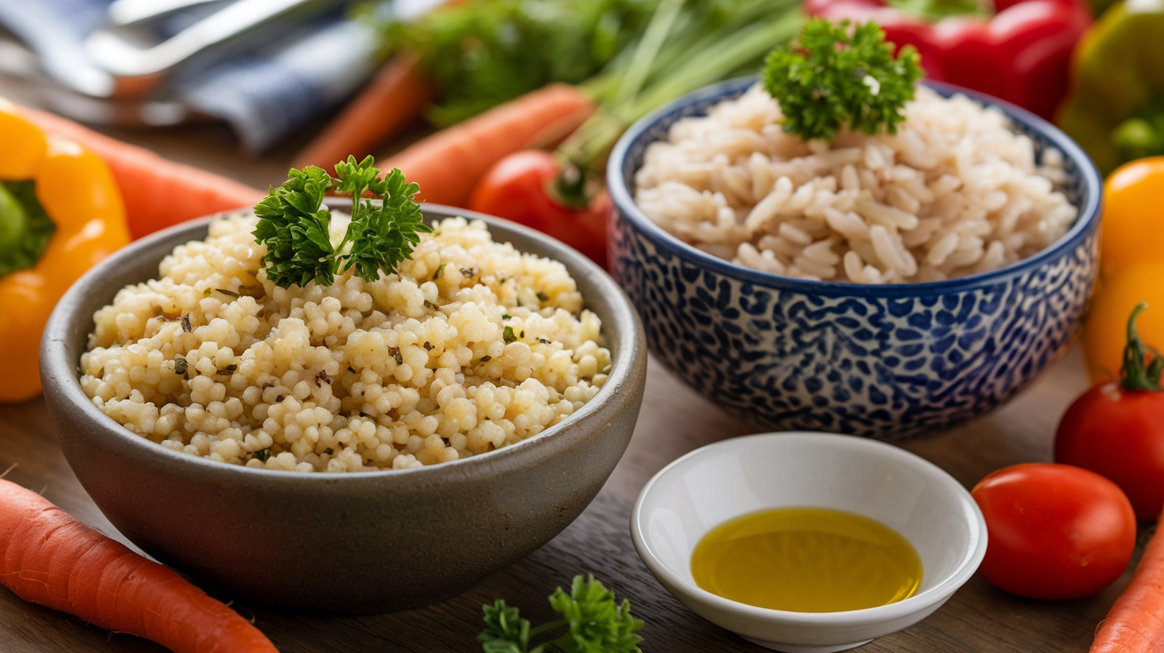 A comparison of a bowl of couscous and a bowl of brown rice, showcasing their textures and colors, with fresh herbs and vegetables.