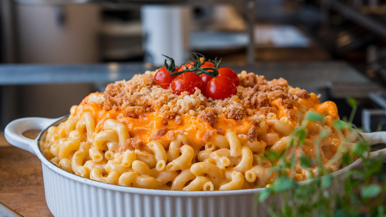 Plated Gordon Ramsay mac and cheese with fresh herbs