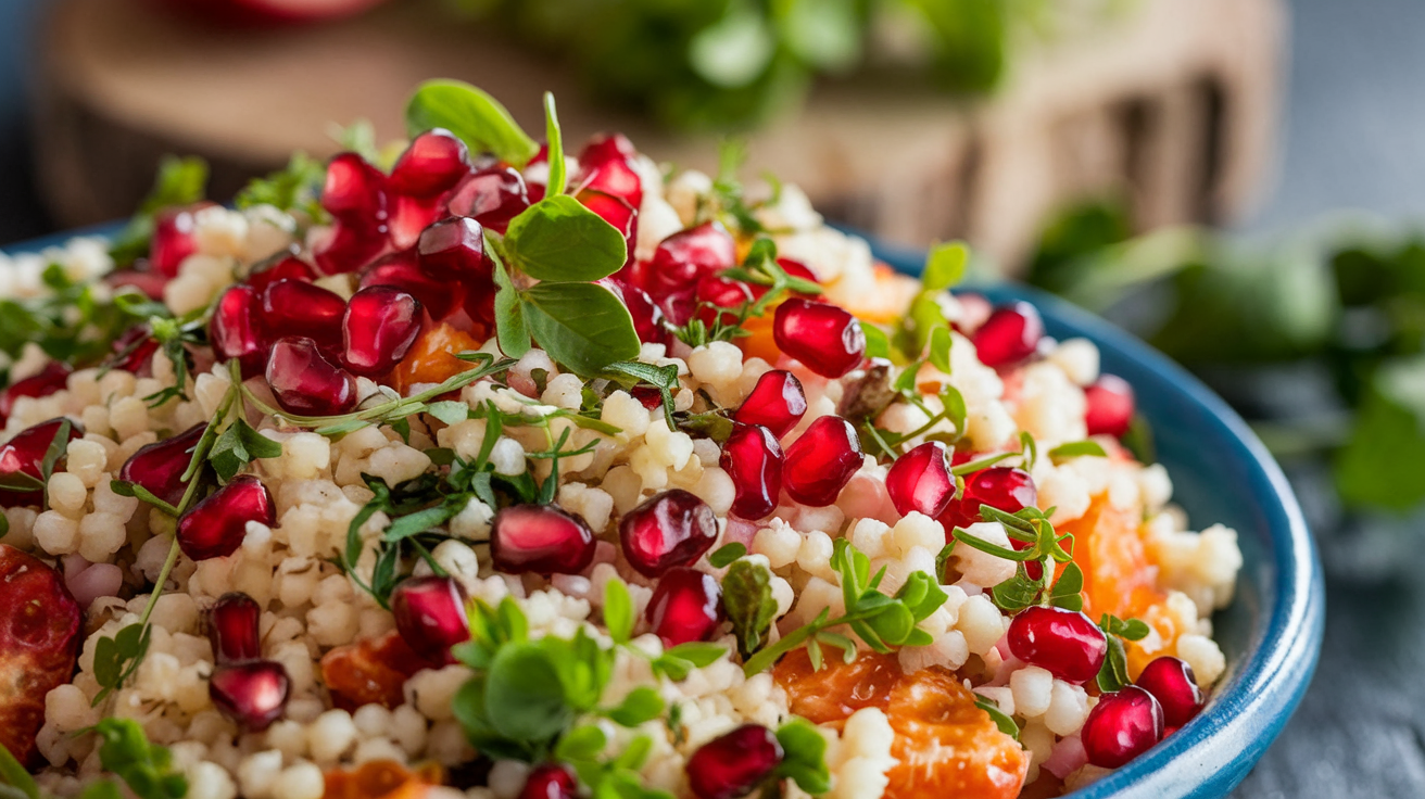 Close-up of Festive Pomegranate Couscous Salad with pomegranate seeds, couscous, herbs, and nuts