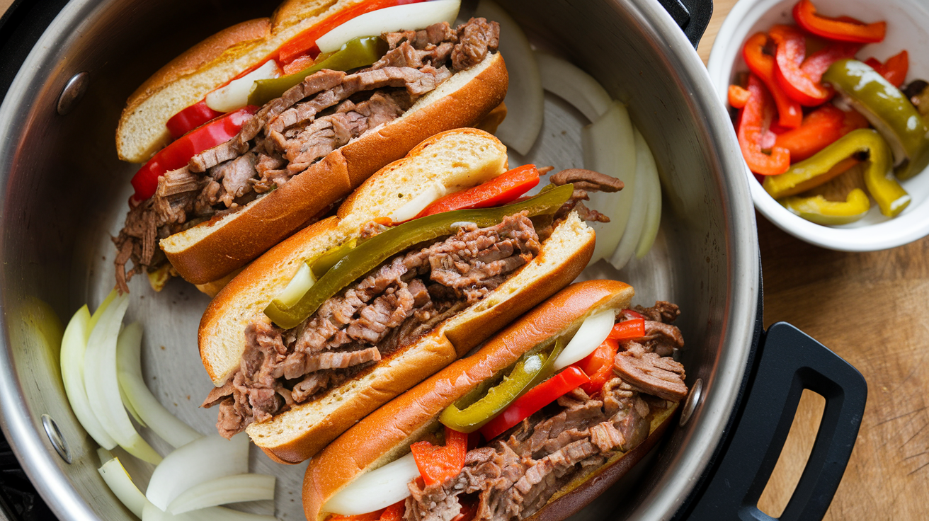 Sandwich assembly station with all ingredients laid out for making a Philly cheesesteak