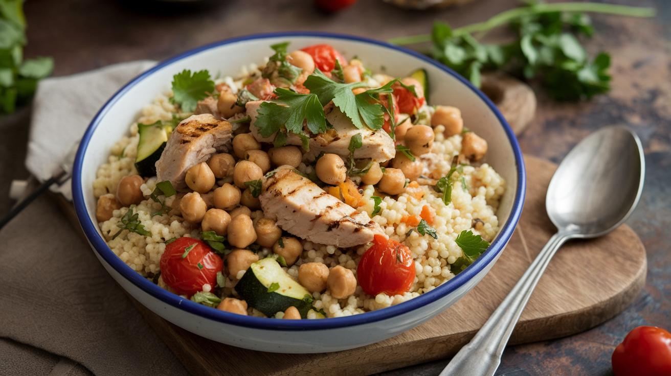 A colorful Mediterranean couscous salad with roasted vegetables, feta cheese, olives, and fresh herbs, garnished with pine nuts and a lemon wedge.