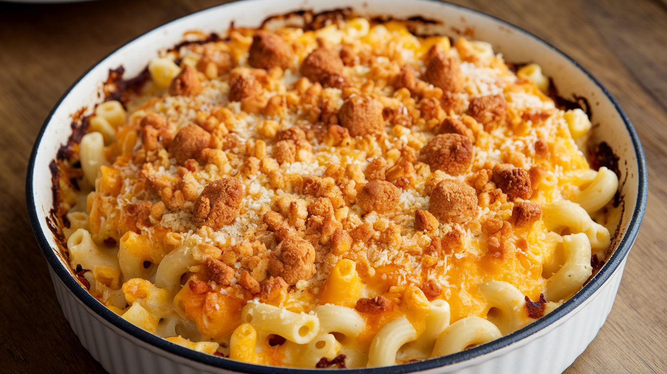 A beautifully baked dish of macaroni and cheese, with a golden breadcrumb topping and gooey cheese visible underneath