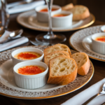 A close-up of a golden-brown Crab Brulee with a caramelized topping in a small white ramekin,