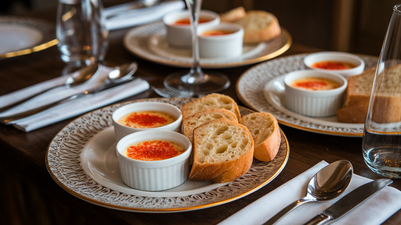 A close-up of a golden-brown Crab Brulee with a caramelized topping in a small white ramekin,